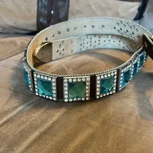 Cowgirl West bling belt.Brown cowhide, turquoise conchos and bling stones.size L Cowboy Cowgirl Western Rhinestone Leather Belt with Big  main image 4